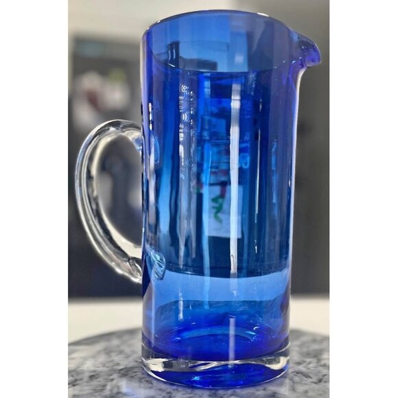 VTG Hand Blown Cobalt Blue Pitcher MCM EmArt Glass Clear Applied Handle - Picture 1 of 7